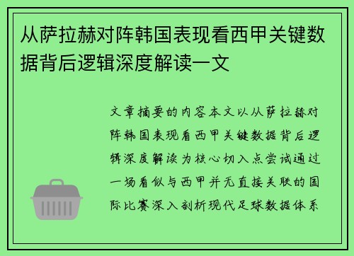 从萨拉赫对阵韩国表现看西甲关键数据背后逻辑深度解读一文 从萨拉赫对阵韩国表现看西甲关键数据背后逻辑深度解读一文