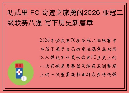 叻武里 FC 奇迹之旅勇闯2026 亚冠二级联赛八强 写下历史新篇章 叻武里 FC 奇迹之旅勇闯2026 亚冠二级联赛八强 写下历史新篇章